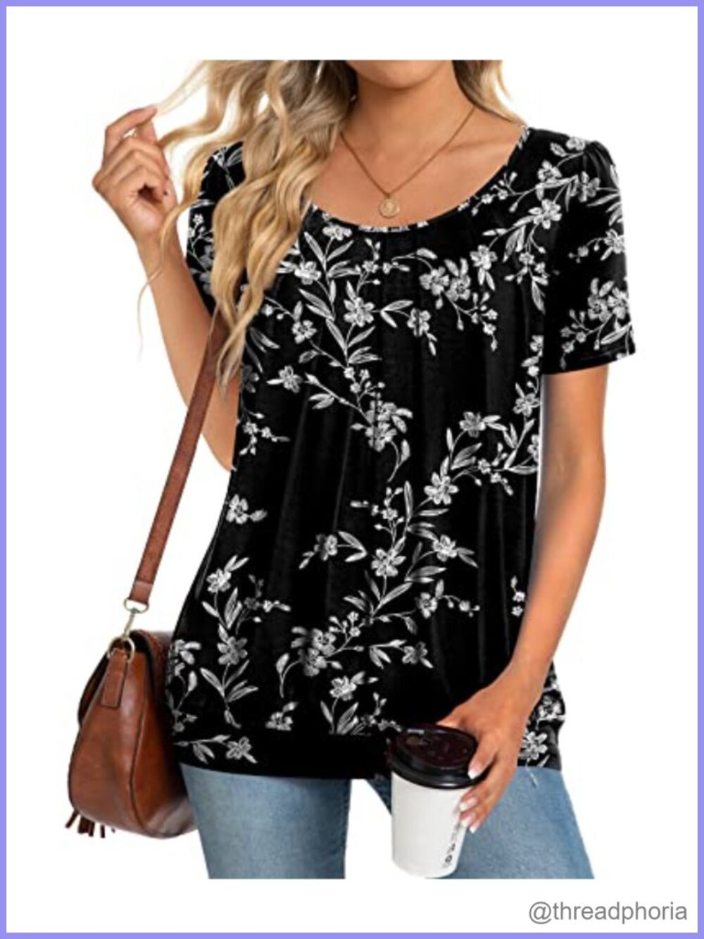 Women's Short Sleeve Tunic Top Pleated Blouse for Leggings Casual Tee